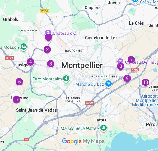 Carte des 10 Châteaux à visiter à Montpellier