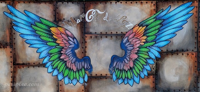 Ailes colorées peintes sur une porte métallique au Marché du Lez, lieu incontournable du street art à Montpellier