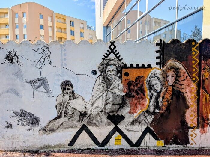 Street art Rue de Barcelone à Montpellier, fresque murale mêlant portraits et scènes de vie dans le Quartier Méditerranée