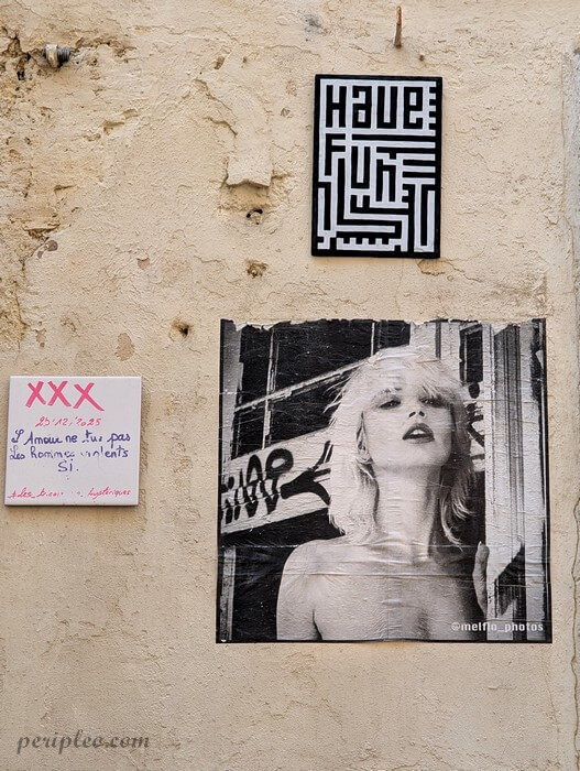 Collage street art Rue de la Fontaine à Montpellier, portrait en noir et blanc sur un mur du centre historique sud