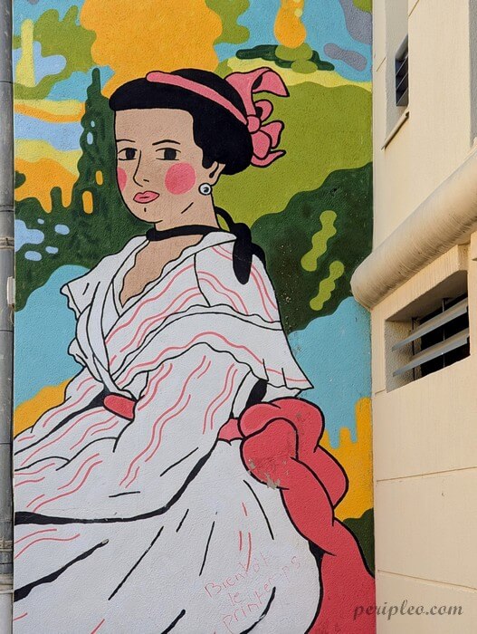 Street art Rue Isidore Girard à Montpellier avec fresque colorée de l'illustrateur montpelliérain Mokë représentant une femme en tenue traditionnelle dans le Quartier Méditerranée