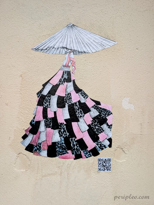 Street art Rue Lamartine à Montpellier, œuvre de Tanala représentant une silhouette élégante sous une ombrelle dans le Quartier Méditerranée