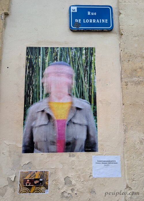 Street art Rue de Lorraine à Montpellier avec collage photographique artistique représentant une silhouette floue devant une forêt de bambous dans le Quartier Méditerranée