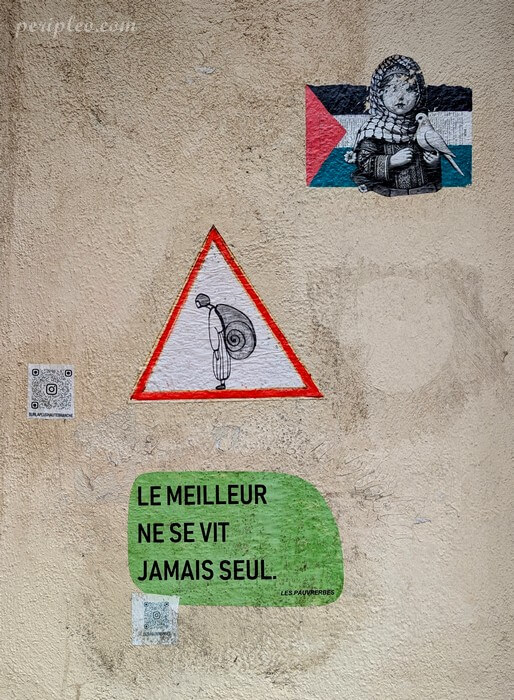 Street art Rue de Lorraine à Montpellier avec collages urbains engagés de LesPauvrerbes dans le Quartier Méditerranée