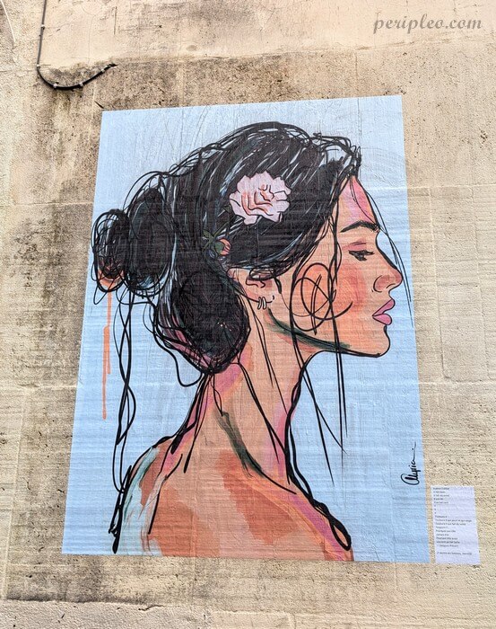 Street art Rue de la Méditerranée à Montpellier, portrait féminin aux lignes délicates et fleur dans les cheveux, collage artistique sur un mur du Quartier Méditerranée