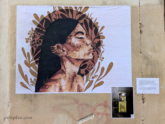 Street art Rue de la Méditerranée à Montpellier, portrait féminin entouré de motifs végétaux réalisé en collage sur un mur du Quartier Méditerranée