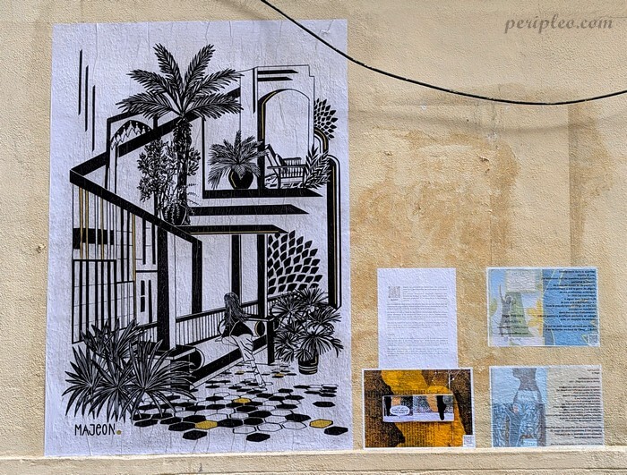 Street art Rue de la Méditerranée à Montpellier, collage graphique en noir et blanc de Majeon représentant une architecture végétalisée dans le Quartier Méditerranée