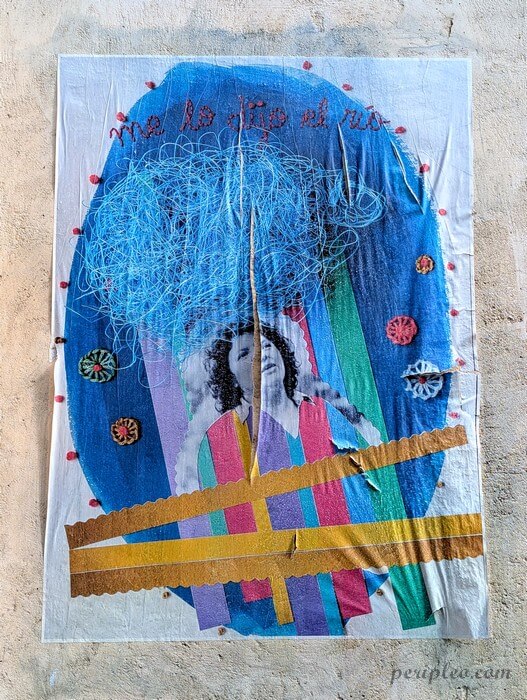 Street art Rue de la Méditerranée à Montpellier, collage artistique aux tons bleus mêlant portrait et broderies colorées sur un mur du Quartier Méditerranée