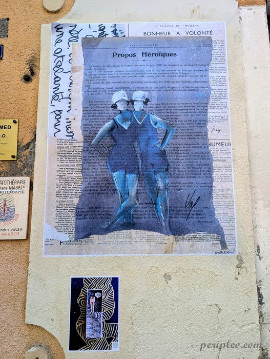 Street art Rue de la Méditerranée à Montpellier, collage artistique sur fond de journal représentant deux personnages en bleu dans le Quartier Méditerranée