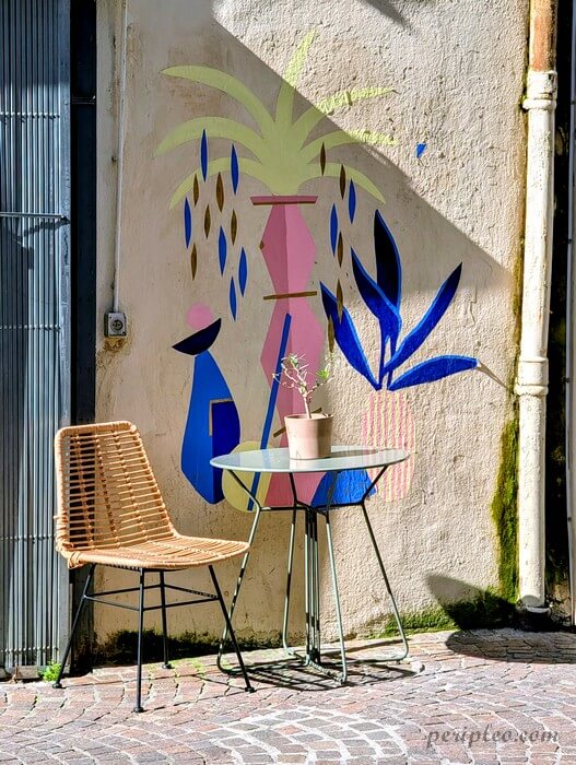Street art Rue du Petit Saint-Jean à Montpellier avec fresque végétale colorée de Noon et ambiance artistique dans le centre historique sud