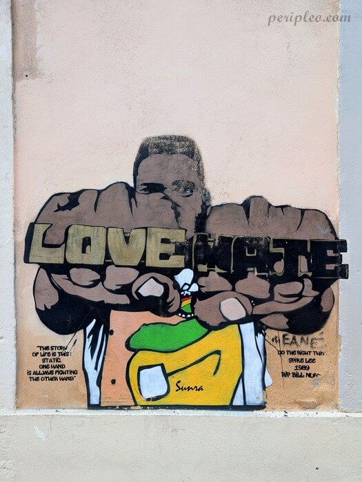 Street art Rue Pralon à Montpellier avec fresque engagée de Sunra « Love Hate » mêlant portrait urbain et message artistique dans le Quartier Méditerranée
