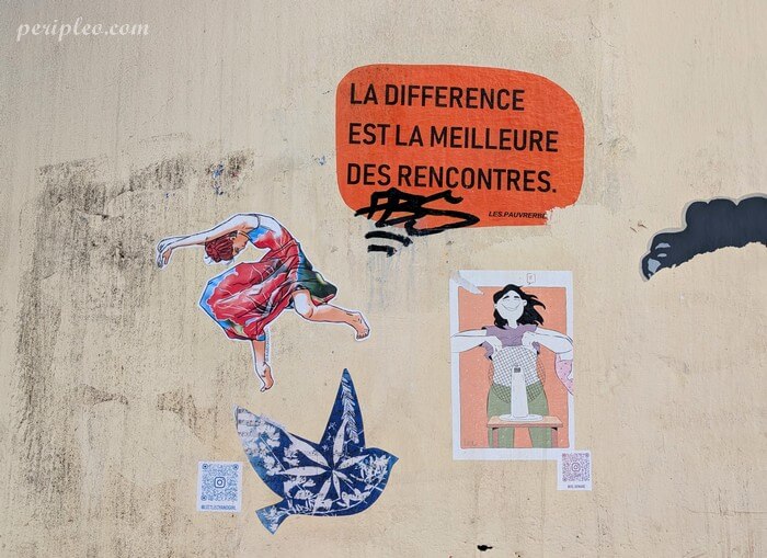 Street art des artistes Lespauvrerbes, De Senaré et Littlecyanogirl Rue Roucher à Montpellier dans le centre historique sud