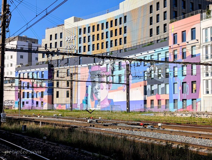 Œuvre de street art coloré visible depuis les rails près de la Gare Montpellier Saint-Roch avec fresques géantes de l'artiste Enaer sur une façade entière de l'immeuble Saint Roch Social Club