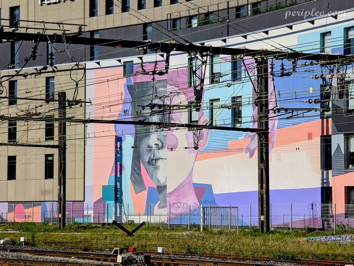 Fresque monumentale baptisée PLEIN SUD de l'artiste Enaer sur une façade entière de l'immeuble Saint Roch Social Club près de la Gare Montpellier Saint-Roch