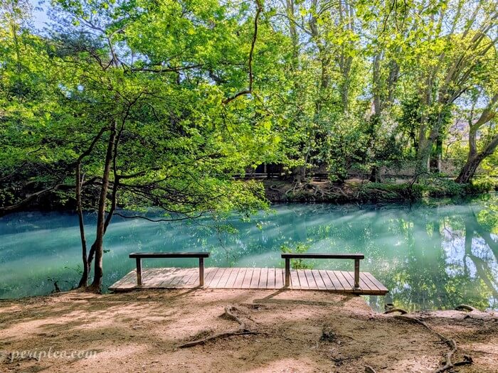 Ponton en bois au Parc du Domaine de Méric à Montpellier, spot paisible au bord du Lez entouré d’une végétation luxuriante