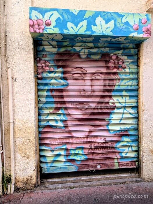Street art Rue d’Alger à Montpellier avec portrait féminin coloré peint sur un rideau métallique dans le centre historique sud