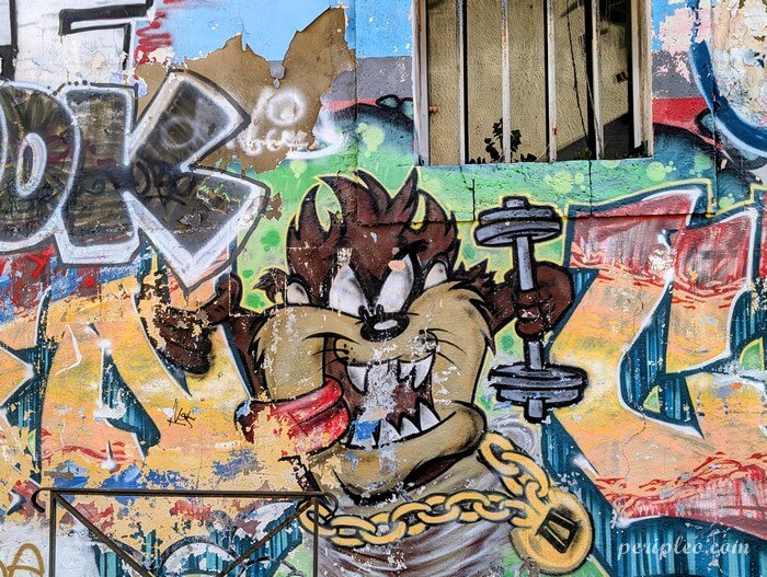 Street art Rue Lakanal dans le Quartier des Beaux-Arts à Montpellier, gros plan sur un personnage inspiré de Taz, le diable de Tasmanie, brandissant un haltère au milieu d'une fresque de graffitis colorés