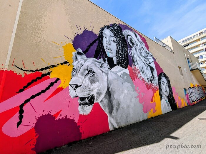 Street art Avenue de Barcelone à Montpellier, fresque monumentale mêlant portraits féminins et animaux sauvages dans une composition éclatante aux teintes rose, jaune et violet