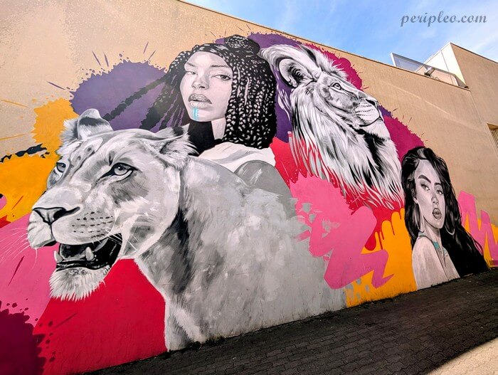 Street art Avenue de Barcelone à Montpellier, détail d'une fresque spectaculaire associant une lionne, un lion majestueux et deux portraits de femmes dans un style hyperréaliste