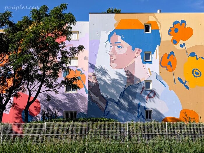 Fresque de street art de Zeklo représentant le portrait d'une jeune femme sur la Résidence Joseph Lambot Boulevard Jacques Fabre de Morlhon à Montpellier
