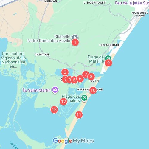 Carte itinéraire des 13 lieux incontournables à voir à Gruissan