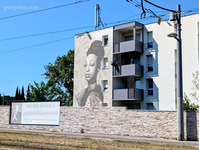 Fresque murale en noir et blanc réalisé sous la direction de l'association LineUp par Arkane et Ose sur un mur de la Résidence de la Cour des Écoles, avec un grand panneau explicatif au premier plan