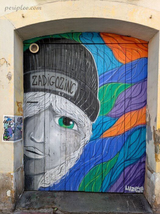 Street art Rue Balard à Montpellier, portrait en noir et blanc sur fond coloré de Luzeye réalisé pour Zadigozinc dans le centre historique sud