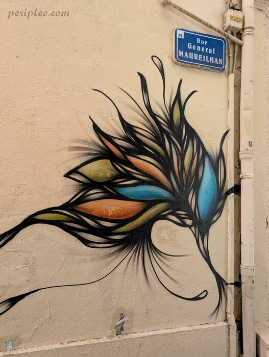 Street art Rue du Général Maureilhan à Montpellier avec fresque florale contemporaine aux couleurs vives dans le centre historique sud