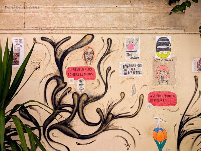 Street art Rue du Général Maureilhan à Montpellier, collages poétiques et fresque végétale sur un mur du centre historique sud