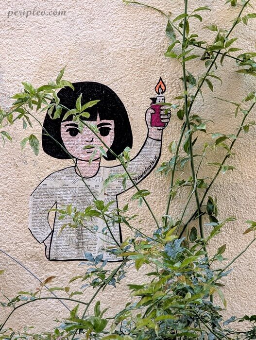 Street art Rue du Général Maureilhan à Montpellier, collage d’un personnage tenant un briquet dissimulé parmi la végétation de Roberte Framboise dans le centre historique sud