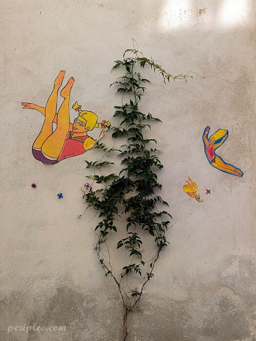 Street art Rue du Général Vincent à Montpellier, collages colorés de plongeuses de Gisèle Cazilhac sur un mur végétalisé du centre historique sud
