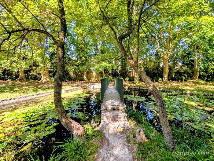 Pont sur le bassin aux nénuphars du parc du Château des Évêques à Lavérune