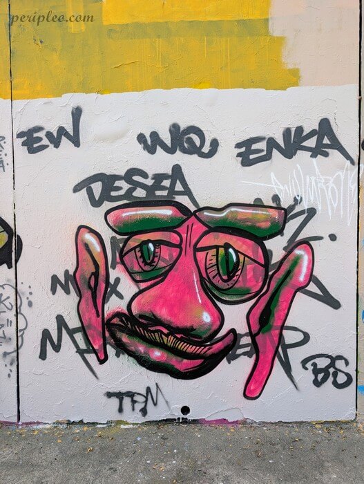 Portrait de Street art aux couleurs vives représentant un visage stylisé sur les murs du Quai du Verdanson à Montpellier