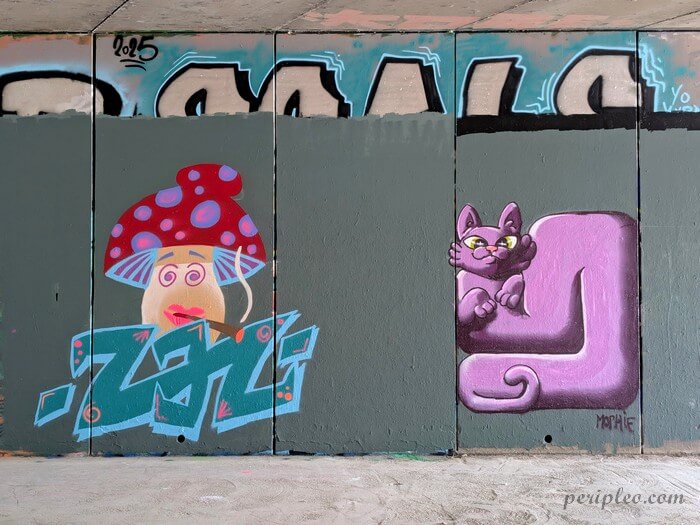 Street art Quai du Verdanson à Montpellier, duo de personnages hauts en couleur avec un champignon anthropomorphe et un chat violet aux formes arrondies
