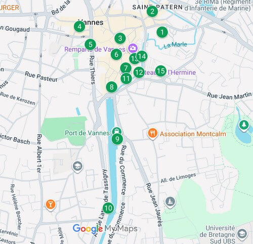 Carte itinéraire des 15 lieux incontournables à Vannes